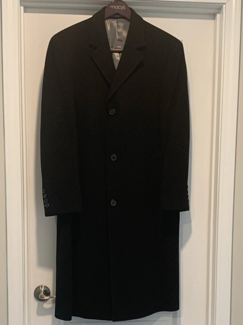 Calvin Klein Men’s Overcoat 38R, Black, Long Lined, Notch Collar, Button
